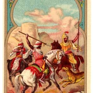 Fes Etiketi, E-9e, 3 atlı, mızrak ve tüfekle kaplan avı, MCz, Ree, Kondisyon 9.5/10, 96x242 mm, Gerçek = Orijinal