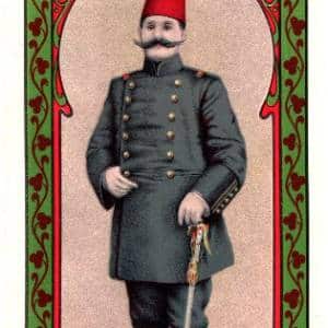 Fes Etiketi, J-5c, Resneli Niyazi, gri üniformalı, 4 noktalı, Kondisyon 10-10, 108×249 mm, Gerçek = Orijinal